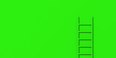 Green staircase on green background. Staircase stands vertically near wall. Way to success concept. Horizontal image. Banner for insertion into site. 3d image. 3D rendering.