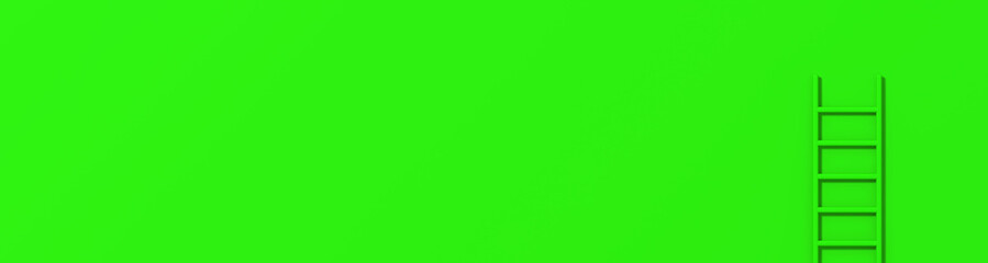 Green staircase on green background. Staircase stands vertically near wall. Way to success concept. Horizontal image. Banner for insertion into site. 3d image. 3D rendering.