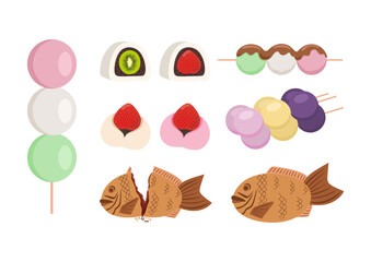 Japanese Desserts set. Hand drawn sketch elements illustration.