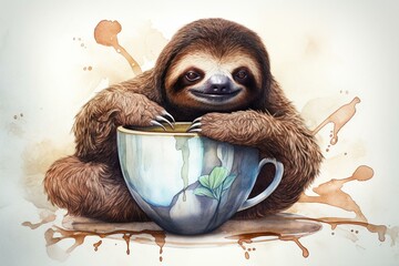 Watercolor illustration of a sloth in a coffee cup. Generative AI