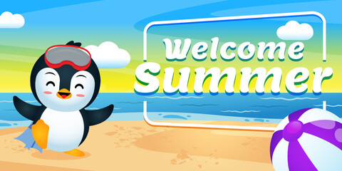 Happy Cute Penguin Prepare To Diving With Summer Greeting Banner