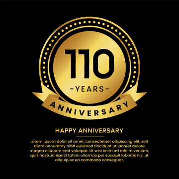 110 years anniversary banner with luxurious golden circles and halftone on a black background and replaceable text speech