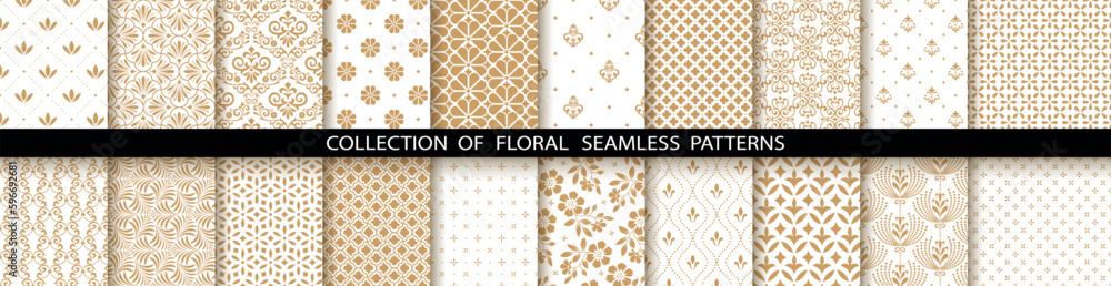 Poster geometric floral set of seamless patterns. white and gold vector backgrounds. damask graphic ornamen