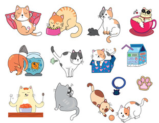 Set of Funny Kawaii Cat Illustrations, Vector illustration, Cute dancing cat, funny angry kitty and love cat vector illustration set