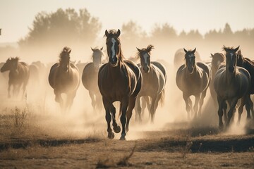 Group of horses galloping in the grassland, created with generative AI