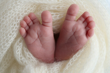 The tiny foot of a newborn baby. Soft feet of a new born in a white wool blanket. Close up of toes, heels and feet of a newborn. Knitted white heart in the legs of a baby. Macro photography