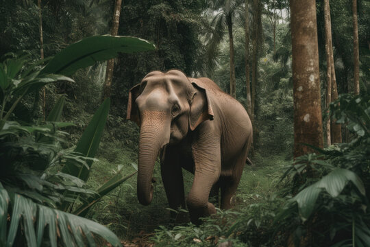 A Sumatran elephant in the jungle critically endangered species. AI generative image.