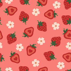 Seamless pattern with strawberries on a pink background. Vector graphics.