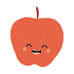 Apple with kawaii face cute cartoon character illustration. Hand drawn style flat design, isolated vector. Kids print element, healthy, seasonal food, farm, harvest, summer, autumn