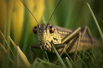 Locust grasshopper close portrait. Macro green brown insect pest eats plants crops. Detailed photo generative AI