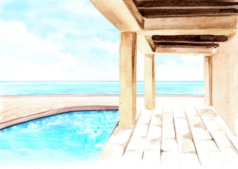 Cottage terrace with empty copy space, Seascape, relax. Hand drawn watercolor illustration, isolated on white background