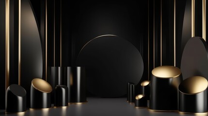 Black luxury background with 3d shapes and gold elements