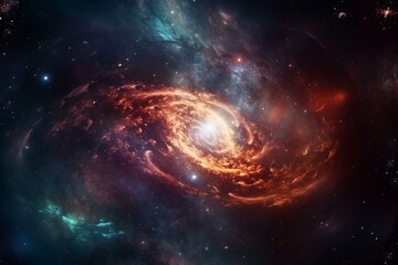 Fototapeta na wymiar Sparkling galaxy swirls rotating in fiery nebula. Generative AI