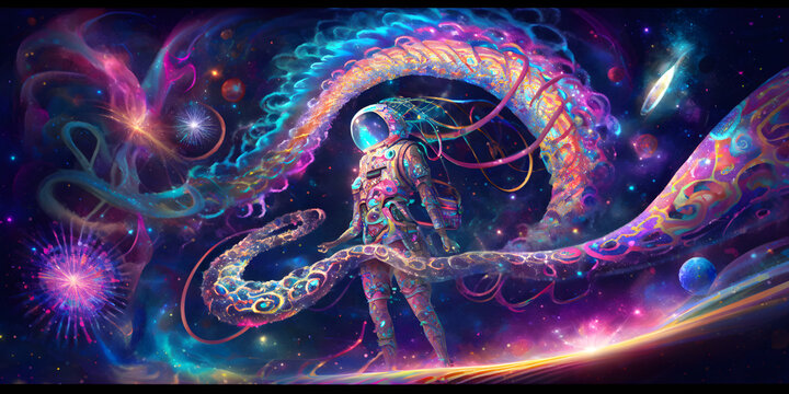 full length shot, tentacle helmet, fractal splattercore, space squid, holographic, metallic, galaxy fashion, Milky Way galaxy background, Spiraling, cosmic, shimmering, glittering, Generative AI