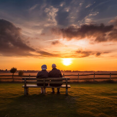 Fototapeta na wymiar An elderly couple sitting on a bench against a sunset background. A.I. generated. 