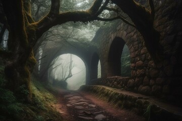 Misty trail arches through trees, anime art, artistic theme. Generative AI