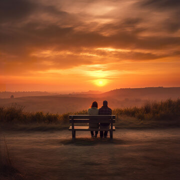 A couple sitting on a bench against a sunset background. A.I. generated.