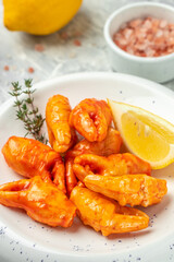 Delicious crab sticks on plate. banner, menu, recipe place for text, top view