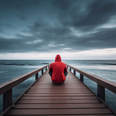 Young strong male man wearing a red hoodie sitting on a wooden pier looking into the distance. A.I. generated.
