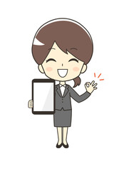 タブレット端末を持つスーツの女性のイラスト