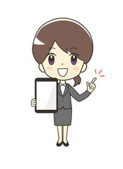 タブレット端末を持つスーツの女性のイラスト