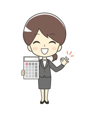 電卓を持つスーツの女性のイラスト