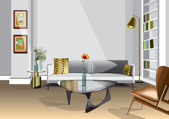 modern minimalistic interior of a living room in grey colors with green accents.