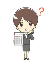 電卓を持つスーツの困る女性のイラスト