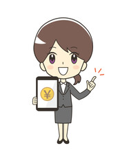 タブレット端末を持つスーツの女性のイラスト