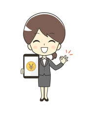 タブレット端末を持つスーツの女性のイラスト
