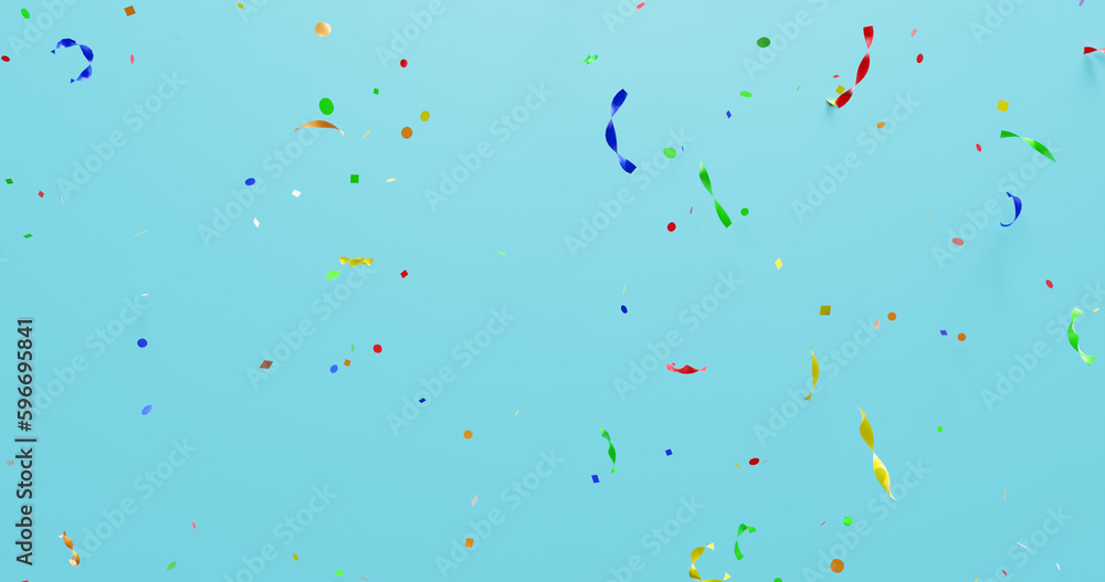 Poster falling colorful confetti on a blue background.3d rendering