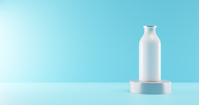 Dairy milk day. Full bottle on the podium. 3d rendering.
