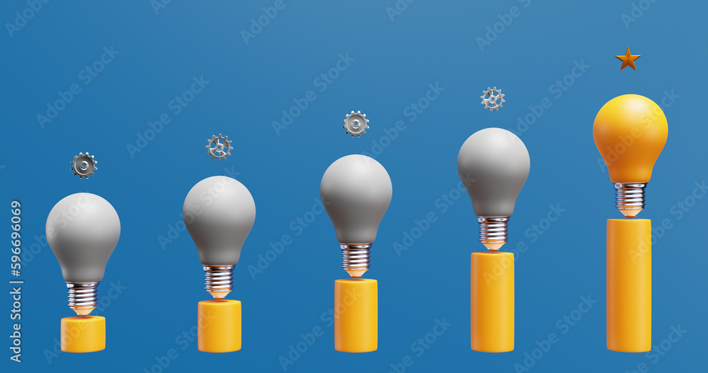 Poster light bulbs and gears on the stairs. brainstorming innovation progress achievement. 3d rendering