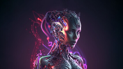 beautiful female humanoid head as artificial intelligence (ai) in vibrant neon colors, robot neural network, representing futuristic technology, banner, Generative AI