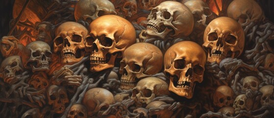 Surreal pile of nightmarish skulls and burning bones in hell, death and eternal damnation for the wicked and cruel souls - generative ai