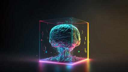 Fototapeta na wymiar humanoid brain as artificial intelligence (ai) in vibrant neon colors, robot neural network, representing futuristic technology, banner, Generative AI