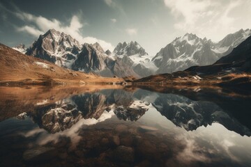 Fototapeta na wymiar Landscape of mountain range reflecting in a serene lake. Generative AI
