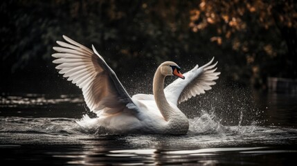 Naklejka na ściany i meble A graceful swan gliding through the water with its wings spread wide. AI generated