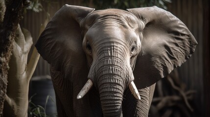 Gray elephant with long trunk. AI generated