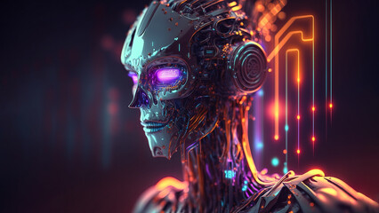 humanoid head as artificial intelligence (ai) in vibrant neon colors, robot neural network, representing futuristic technology, banner, Generative AI