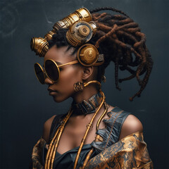 hairstyle and accessories in the style of afrofuturism and steampunk. fashion and high art of hairstyle. poster and magazine for stylists and colorists. Generative AI  - obrazy, fototapety, plakaty
