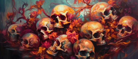 Feast of bones, macabre still life of human skulls and bones in a surreal nightmare. Grotesque and scary arranged table of death - generative ai