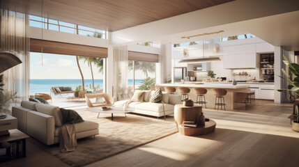 Airy and spacious beachfront villa interior with an open floor plan. Generative AI - obrazy, fototapety, plakaty