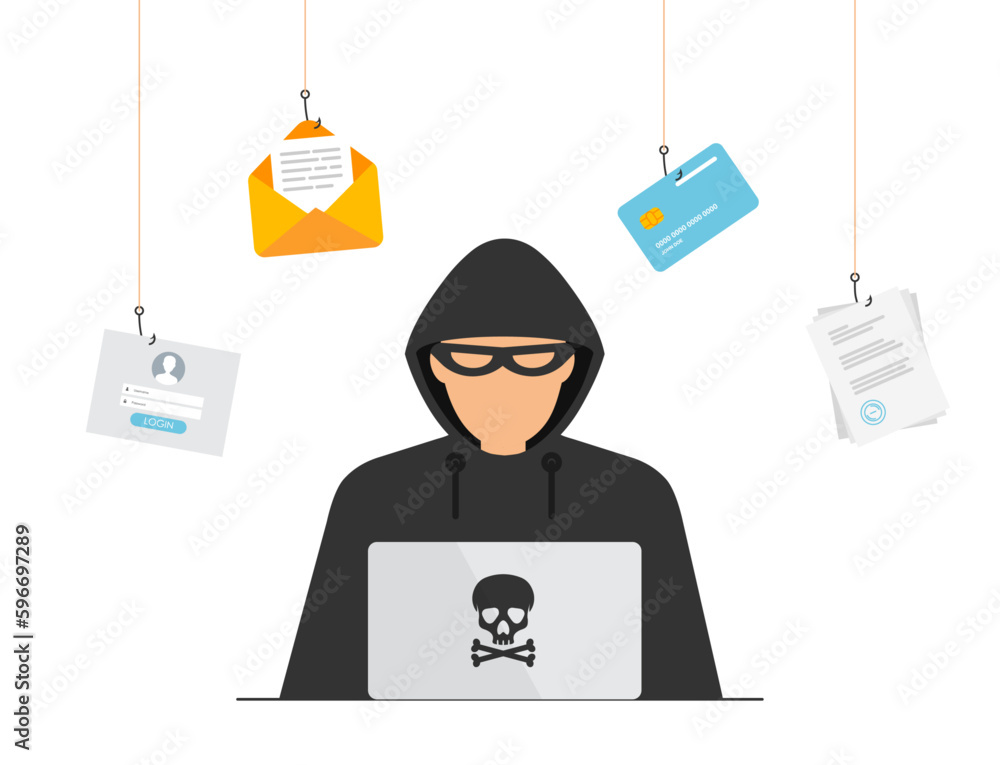 Aufkleber hacker in black hood sitting at laptop. cyber criminal hacking user login. process of stealing perso