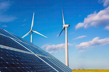 solar panel with wind turbine and blue sky background