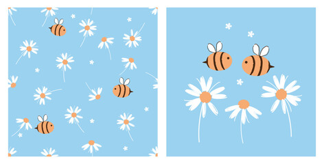 Seamless pattern with bee cartoons and daisy flower on blue background vector illustration.