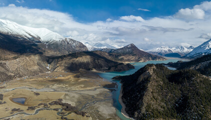 Aerial view of beautiful snow mountains and lake in Tibet,China