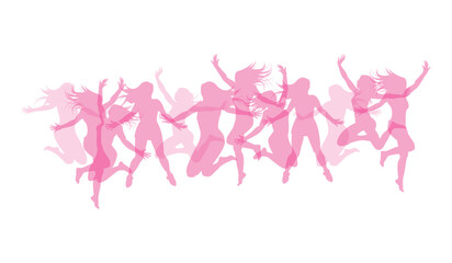 silhouette colorate di ragazze che saltano su sfondo bianco,