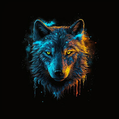 a wolf with a glowing face in the dark with a fire and ice background and a black background with a blue light coming from its, Generative AI - obrazy, fototapety, plakaty