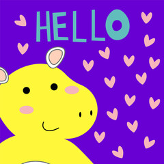 Cute hippo card tile greeting Text Hello cartoon for t-shirt, print, product, flyer, patch, fabric, textile, fashion, baby, kid, hand drawn style. vector illustration EPS